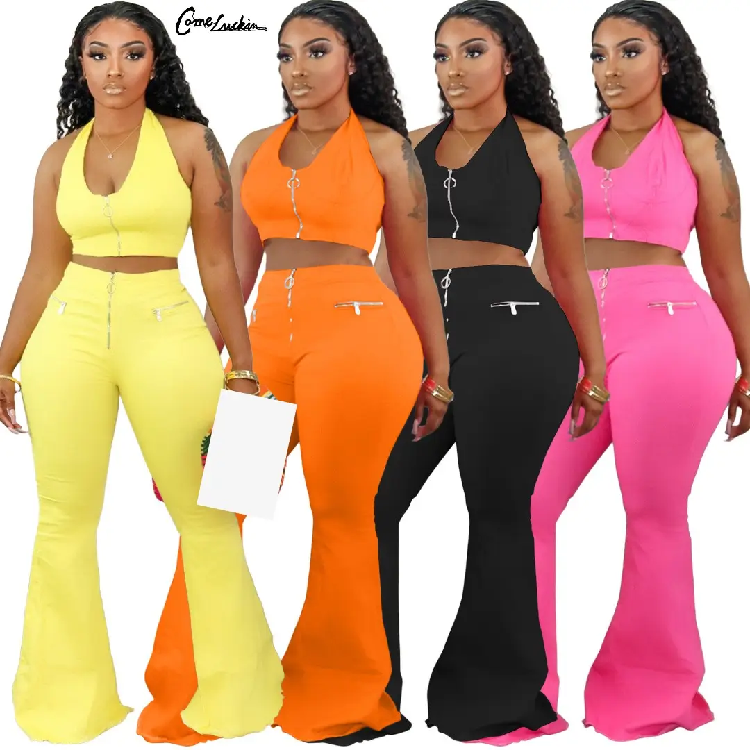 Fashion 2 piece set women clothing 2023 two piece pants set casual home wear halter crop top and flare pants women