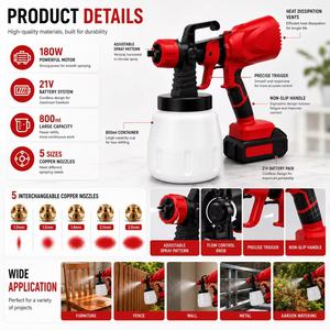 Pistolet à peinture sans fil 21V 180W HVLP <span class=keywords><strong>avec</strong></span> réservoir de 800 ml et 5 tailles de buses pour le bricolage à domicile et le <span class=keywords><strong>jardin</strong></span> - Product Image 5