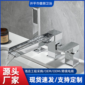 Bathtub Three Hole Basin Waterfall Faucet Dual Handle <b>Deck</b> Mounted Ceramic Valve Chrome Finish - Product Image 5