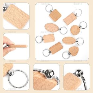 Ébauches de porte-clés en bois à graver, assorties, non finies, avec anneau, pour cadeaux DIY, artisanat et gravure laser - Product Image 3