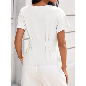 Hauts à volants pour femmes, manches courtes, col rond, chemisier plissé, décontracté, blanc, été - Product Image 5