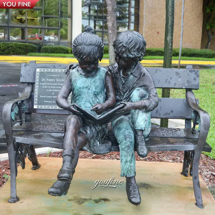 Outdoor Garden Sitting Bronze Children Reading Book Statue Brass Kid Sculpture