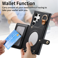 Pour Samsung Galaxy S25 Ultra portefeuille étui en cuir avec fentes pour cartes lanière détachable sangle maquillage miroir fermeture éclair sac à main