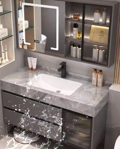 Meuble-lavabo moderne en <span class=keywords><strong>bois</strong></span> avec plateau en pierre frittée, miroir LED et <span class=keywords><strong>rangement</strong></span>, idéal pour appartement et villa - Product Image 5