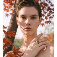 Bague ouverte large en acier inoxydable plaqué or PVD vintage JINYOU 8923 avec pierre naturelle ronde pour femme