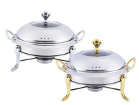 Plat à réchaud brossé avec couvercle bombé et fenêtre de visualisation en verre, trépied doré/argenté en option, lampe à alcool, chauffe-plats 85-100°C pour buffet
