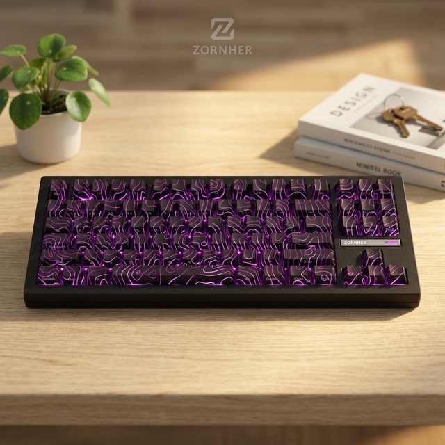 Zornher ZH870 Black Topographic RGB Backlit Programmable Mechanical Keyboard Tri-Mode Wireless Silent Switch Keyboard