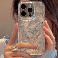 Luxus Laser Silber Schmetterling Feder Garn Hart Stoßfest Stoßstange Abdeckung Funda Fall Für iPhone 16 14 13 12 Pro Max 14 15 Plus 11