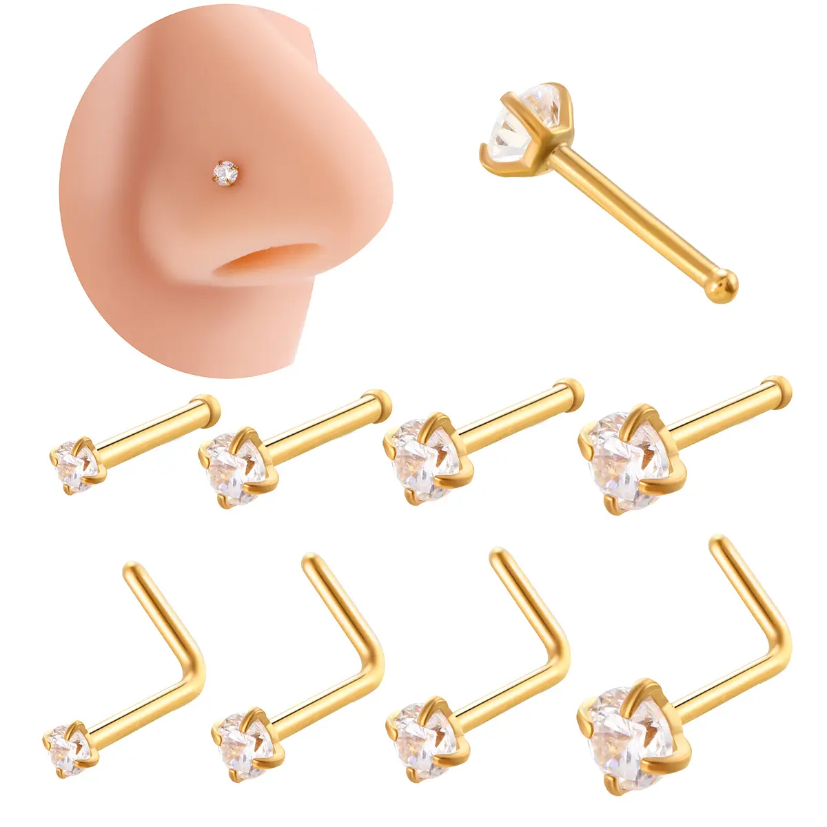 HENGSEN Mix Wholesale 20G Stainless Steel Nose Piercings Jewelry L shape Straight Single Zircon Nose Stud For Women