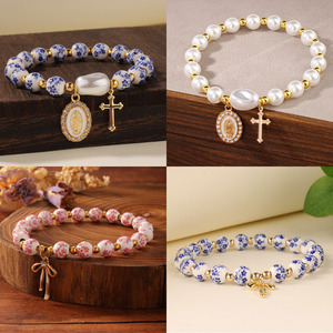 Irregularly Shaped Blue-and-White Porcelain Bead <b>Bracelet</b> With <b>WWJD</b> Letter Pendant Cross Unisex Wholesale Yiwu L1396 Irregular S - Product Image 3
