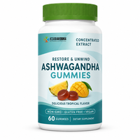 Complément alimentaire personnalisé en marque privée OEM ODM, gommes à l'ashwagandha, 60 unités, saveur tropicale, végétalien, sans OGM, sans gluten, formule personnalisée