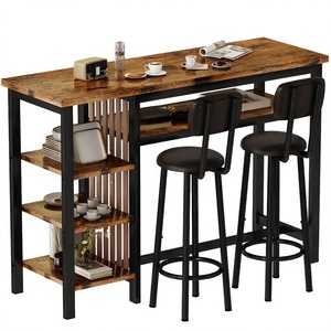 Table de bar îlot de cuisine moderne 3 pièces 4 niveaux avec dossier, plateau en bois et structure en fer - Ensemble de salle à manger de luxe pour la maison, idéal pour les centres commerciaux et les parcs - Product Image 2