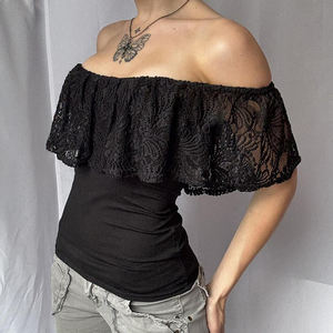 Camiseta de punto con ribete de encaje para mujer, manga corta, cuello redondo, estilo callejero Y2K, camiseta informal de verano para mujer - Product Image 5