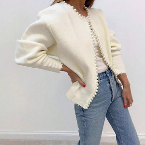 Pearl Trim Knitted <b>Cardigan</b> <b>Sweater</b> One Size Loose Fit Solid Color Women's <b>Cardigan</b> - Product Image 4