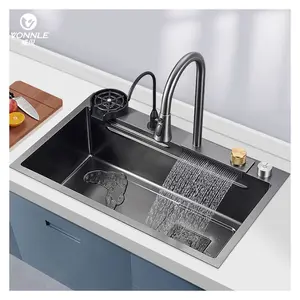 Handmade personalizado moderno multifuncional luxo cachoeira inteligente aço inoxidável única tigela cozinha pias