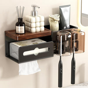 ที่ใส่แปรงสีฟันไม้วอลนัทแบบติดผนัง กล่องใส่กระดาษทิชชู่ ชั้นวางของพร้อมที่วางแก้วสำหรับห้องน้ำ - Product Image 1