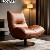 Fauteuil d'appoint pivotant moderne en cuir véritable avec rembourrage en éponge, structure en bois et base rotative en acier carbone