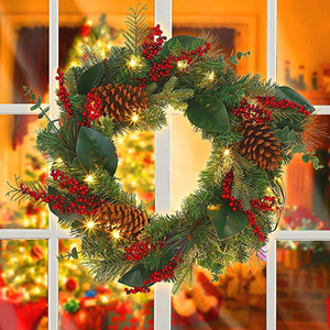 Guirlande lumineuse LED pour Noël, couronne de porte d'entrée décorative avec pommes de pin artificielles, baies et fleurs - Product Image 4