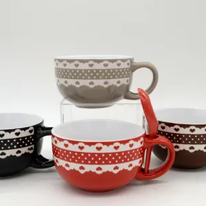 Decal Printed Ceramic Porcelain Soup Bowls With Spoon And Handle