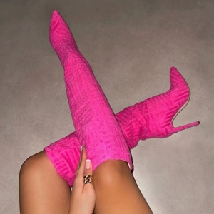 Bottes sexy pour femmes de style occidental XSD, à talon fin et haut, bout pointu, en tissu éponge - Product Image 2