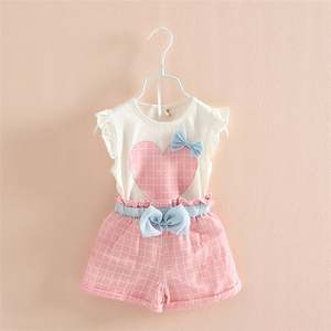 Conjunto de Ropa de Verano para Bebés Niñas, Diseño Coreano 2019, con Camiseta con Lazo y Pantalones Cortos a Cuadros, Precio de Fábrica - Product Image 5