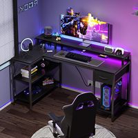 Bureau d'ordinateur de jeu en métal durable SENYU avec prises électriques, éclairage LED, grande étagère d'angle en forme de L, crochets pour casque, noir