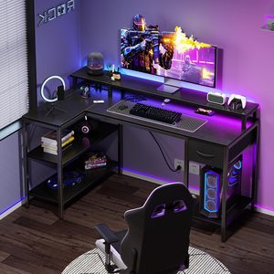 Bureau d'ordinateur de jeu SENYU avec prises électriques, éclairage LED, grand bureau d'angle en forme de L avec étagère de rangement, crochets pour casque, noir - Product Image 1