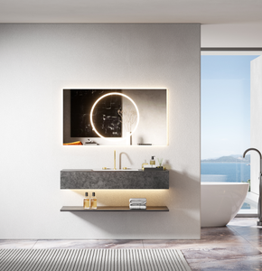 Conjunto de armario de baño de lavabo articulado sin costuras de losa de <span class=keywords><strong>roca</strong></span> estilo hotel moderno acabado de tablero de piedra compuesta LED cobre personalizable - Product Image 4