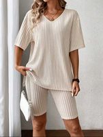 Zomerse dames casual huispak, tweedelig, effen gebreid, boven de knie, korte mouwen