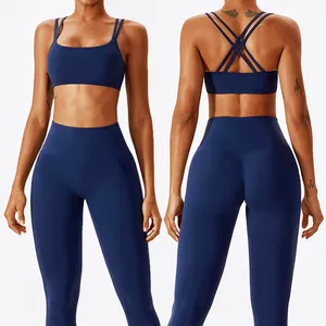 Custom Yoga Sets Straps Bra Tight Leggings Gym Suit Set Breathable Nylon Pants 2 Pieces Fitness Legging Sports Bras Yoga Sets