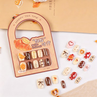Nouveau lot de 10 faux ongles carrés marron en forme de pain de dessin animé, couvrants, en ABS, mignons, pour enfants, courts, à coller, pré-conçus et personnalisés
