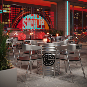 Set di Arredamento per Caffetteria Commerciale con Opzione Logo Personalizzato, Tavolo e Sedie da Pranzo Argento per Uso in Negozi di Marca - Product Image 2
