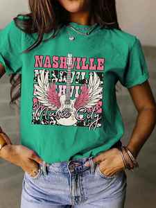 Camiseta de verano para mujer europea y americana, diseño personalizado de guitarra de Nashville Music City, cuello redondo, manga corta holgada - Product Image 5