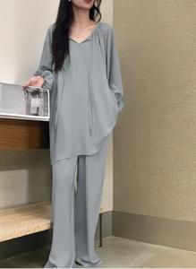 Ensemble <span class=keywords><strong>de</strong></span> Pyjama d'Été Ample et Respirant pour Femme – Taille Élastique, Logo Avant, Manches Longues, Tenue d'Intérieur Décontractée - Product Image 6