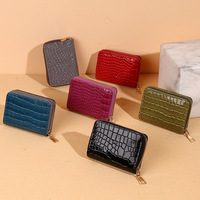Grosir wanita 9 Slot kartu ID tempat kartu kecil warna Solid dompet PU kulit buaya ritsleting dompet koin Mini