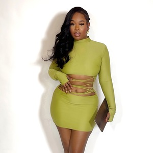 Váy liền thân ngắn tay dài, chất liệu thun co giãn, màu trơn, kiểu dáng ôm sát, có dây buộc, phối ren, kiểu dáng mùa xuân mới. - Product Image 4