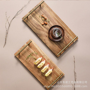 Rectangular Wooden <b>Tray</b> With Gold Handles For Sushi <b>Tea</b> Coffee Hotel Serving - Product Image 3