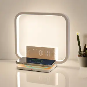 Reloj despertador Lámpara de mesa con estación de cargador inalámbrico rápido Luz de despertador Lámpara táctil Temporizador 10 sonidos naturales 3 luz regulable