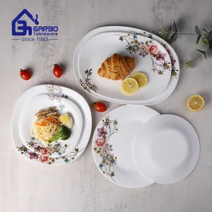 Vaisselle banquet blanc coupé assiette verre opale résistant à la chaleur 11.5 pouces assiettes carrées plates assiette à steak avec décor floral OEM