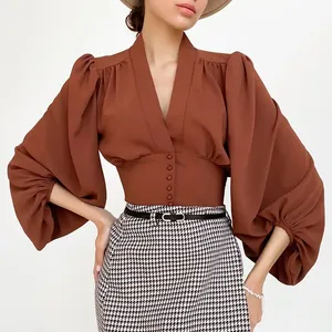 Camisa <span class=keywords><strong>de</strong></span> gasa <span class=keywords><strong>de</strong></span> color sólido informal con cuello en V, <span class=keywords><strong>blusas</strong></span> elegantes plisadas para mujeres jóvenes - Product Image 1