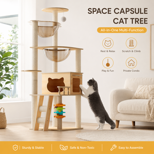 Large Cat Tree Multi Level Wooden Climbing Frame Space Capsule Bed Scratcher Pet Furniture for Indoor Cats