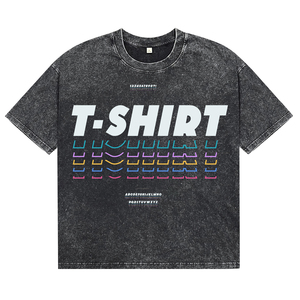 T-shirts décontractés pour hommes en coton tricoté 100% noir délavé à l'acide, avec motif lettres colorées imprimé, col rond, manches courtes, coupe ample - Product Image 1