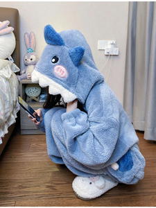 Pyjama <span class=keywords><strong>Kigurumi</strong></span> unisexe à capuche requin dessin animé, en polyester confortable, pour adulte, idéal pour les fêtes costumées et Noël, motif animal - Product Image 2