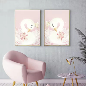 Peinture murale sur toile d'art mural de garderie de bébé fille-affiche de dessin animé de cygne rose-peinture murale décorative de chambre d'enfants nordiques - Product Image 4