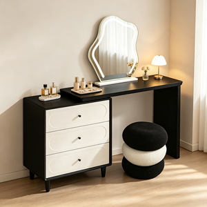 Modern Black Makeup Vanity <b>With</b> White <b>Drawers</b> Lighted Mirror And Stool Bedroom <b>Dressing</b> <b>Table</b> - Product Image 1