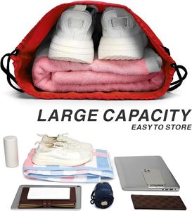 Sac à dos de voyage, de fitness et de camping imperméable pour femmes et hommes, grand sac à dos en nylon avec cordon de serrage et fermeture éclair en polyester rouge - Product Image 2