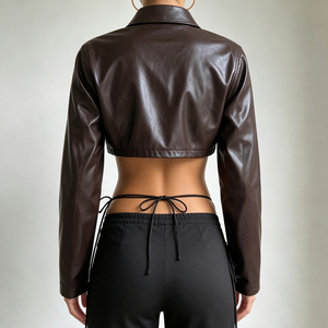 Chaqueta de moto corta de cuero sintético PU para mujer con cremallera frontal, cuello de solapa, manga larga y bolsillos, ropa exterior informal de otoño - Product Image 6