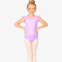 Tenue de danse pour filles, couleur violet clair, manches à volants en mesh, justaucorps de gymnastique respirant à haute élasticité