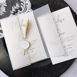 การ์ดเชิญงานแต่งงานหนังวัวขนาด5x7นิ้วพร้อมตราประทับและข้าวสาลีกระดาษห่อแจ็คเก็ตทำด้วยมือ - Product Image 5