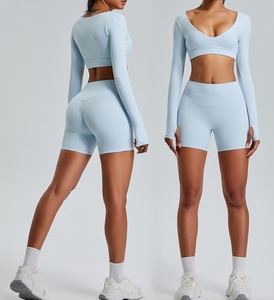 Set di abbigliamento da palestra per Fitness attivo da donna Top corto a maniche lunghe e pantaloncini da bici con motivo solido costume da <span class=keywords><strong>ciclismo</strong></span> e Pilates per Yoga taglie forti - Product Image 6